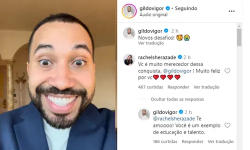 
				
					Rachel Sheherazade e Gil do Vigor trocam declarações: 'Te amo'
				
				