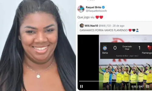 
				
					Raquel Brito brinca com torcida do Bahia e web reage: 'Se preserve'
				
				