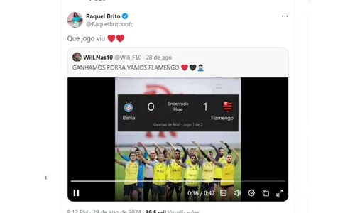 
				
					Raquel Brito brinca com torcida do Bahia e web reage: 'Se preserve'
				
				