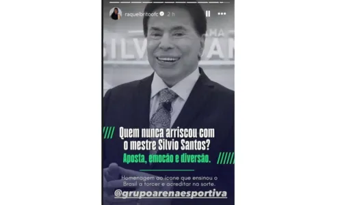 
				
					Raquel Brito causa revolta após 'publi' com Silvio Santos: 'Sem noção'
				
				