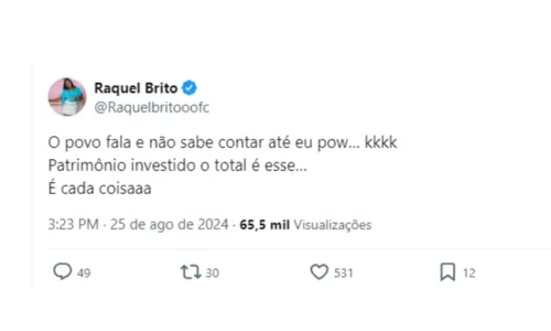 
				
					Raquel Brito debocha e manda recado sobre patrimônio de Davi: 'Até eu'
				
				