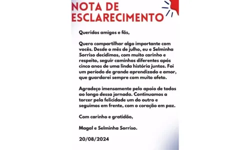 
				
					Selminha Sorriso chora ao anunciar fim de casamento: 'Jogada no chão'
				
				