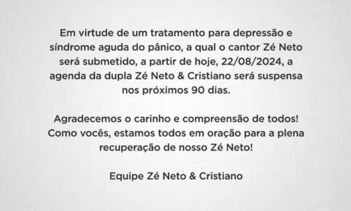 
				
					Zé Neto e Cristiano dão pausa em carreira e suspendem agenda
				
				