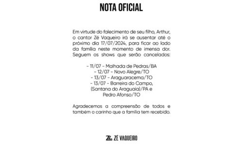 
				
					Zé Vaqueiro cancela show na Bahia após morte do filho de 11 meses
				
				