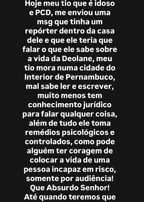 
					Irmã de Deolane Bezerra desabafa sobre prisão: ‘Arbitrária’
				
				