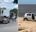 Carro bate em carreta e invade praia em cidade turística da Bahia