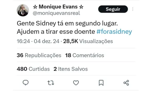 
				
					'A Fazenda 16': Monique Evans pede eliminação de Sidney: 'Doente'
				
				