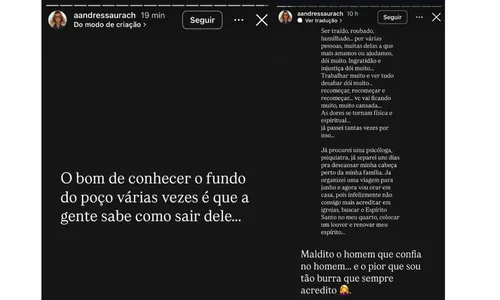 
				
					Andressa Urach faz desabafo na web após perda: 'Fundo do poço'
				
				