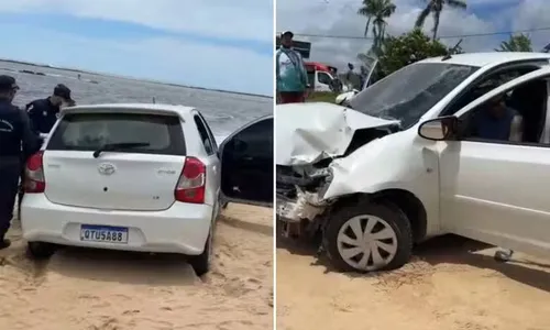 
				
					Carro bate em carreta e invade praia em cidade turística da Bahia
				
				