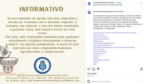 
				
					Igreja de Salvador emite comunicado contra batismo de bebês reborn
				
				