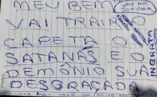 
				
					Mulher é morta na Bahia e suspeito deixa bilhete: 'Vai trair o capeta'
				
				