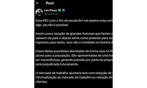 
				
					Quem é Léo Picon, envolvido em polêmica sobre escala 6x1
				
				