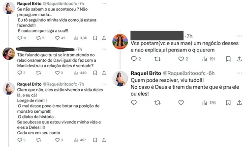 
				
					Raquel Brito se revolta após ser acusada de atrapalhar namoro de Davi
				
				