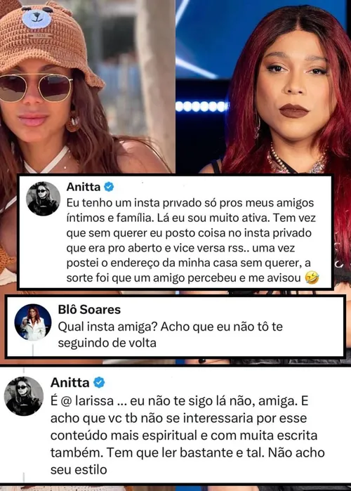 
				
					Anitta dá resposta afiada após revelar perfil privado: 'Tem que ler'
				
				