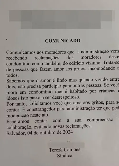 
				
					Moradores são alertados após 'amor aos gritos' em condomínio na Bahia
				
				