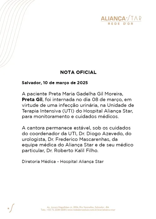 
				
					Preta Gil é internada na UTI em hospital de Salvador; saiba mais
				
				