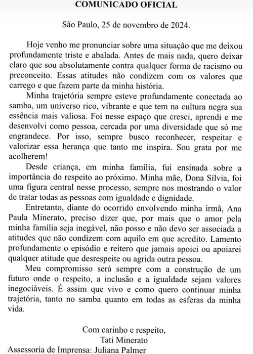 
				
					Tati Minerato se pronuncia sobre falas racistas da irmã, Ana Paula
				
				