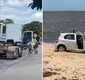 
                  Carro bate em carreta e invade praia em cidade turística da Bahia