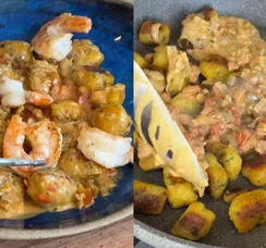 Aprenda fazer nhoque de banana-da-terra ao molho de moqueca de camarão