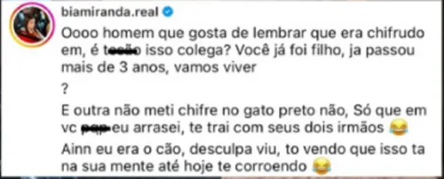 
				
					Bia Miranda alfineta ex e revela traição com os dois irmãos dele
				
				
