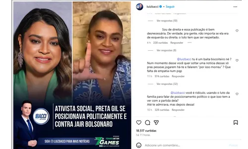 
					Luiz Bacci é detonado após publicação sobre Preta Gil: 'Ridículo'
				
				
