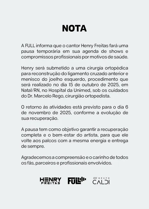 
					Cantor Henry Freitas passa por cirurgia e revela estado de saúde
				
				