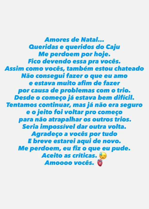 
					Carnatal 2025: trio de Saulo Fernandes quebra e cantor desabafa
				
				