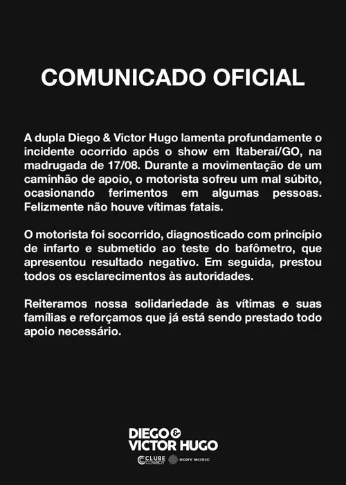 
					Diego e Victor Hugo explicam atropelamento de seis fãs durante show
				
				