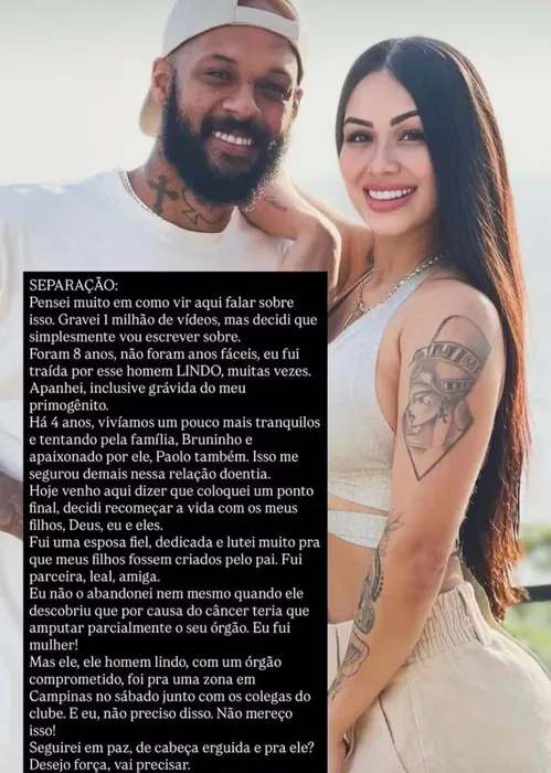 
					Esposa de ex-Botafogo expõe traições e anuncia separação: 'Não mereço'
				
				