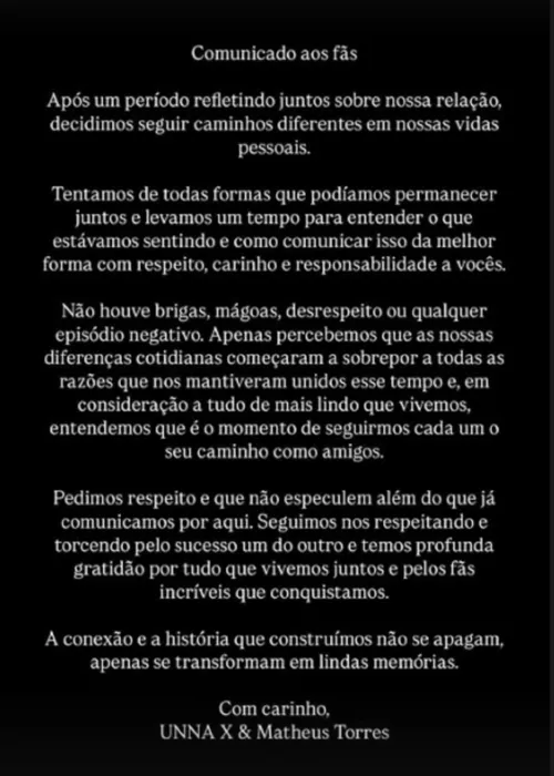 
					Matheus Torres e UNNA X anunciam o fim do relacionamento: 'Respeito'
				
				