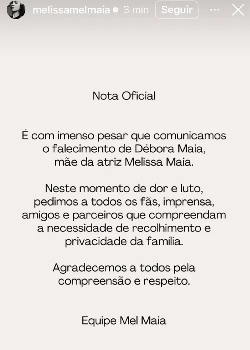 
					Mel Maia se pronuncia após mãe, Débora Maia, ser encontrada morta
				
				