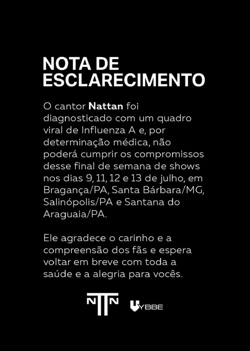 
					Nattan atualiza estado de saúde após internação em hospital
				
				
