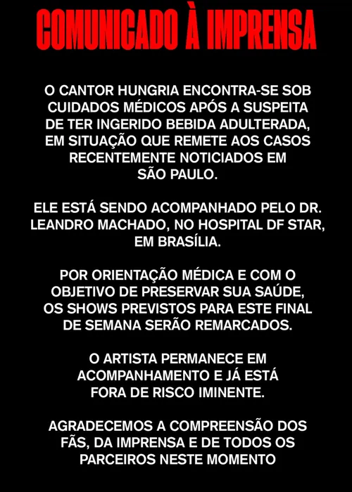 
					Rapper Hungria é internado com suspeita de intoxicação por metanol
				
				