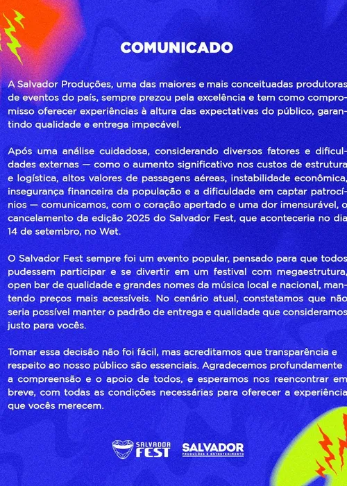 
					Salvador Fest 2025 é cancelado; entenda motivo
				
				