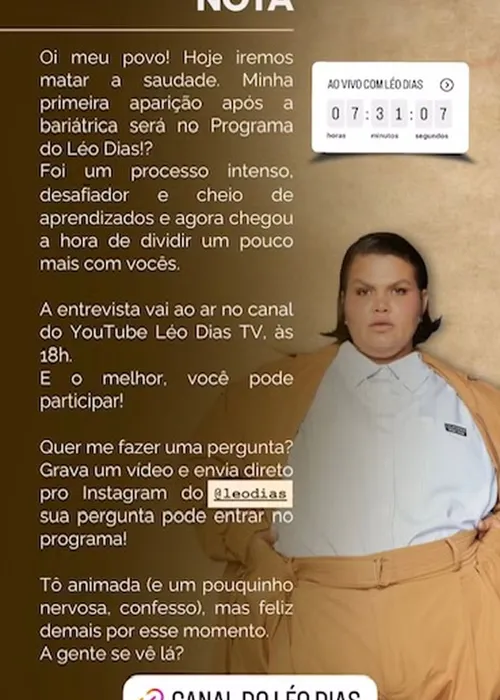 
					Thais Carla surge nas redes após cirurgia bariátrica e explica sumiço
				
				