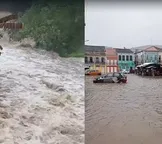 Riacho transborda e causa diversos alagamentos no centro de Cachoeira