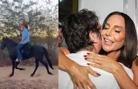 Ivete Sangalo exibe habilidade na montaria e Saulo Fernandes reage