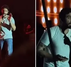 Gustavo Mioto dá bronca após gravar áudio para ex tóxico de fã em show