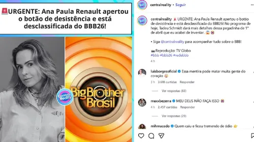 
					Ana Paula Renault desistiu do 'BBB 26'? Equipe se pronuncia
				
				