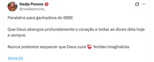 
					BBB 26: Nadja Pessoa muda o tom após polêmica e vitória de Ana Paula
				
				