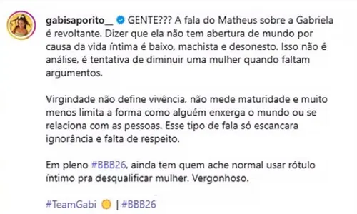 
					BBB 26: equipe de Gabriela reage à fala de Matheus sobre virgindade
				
				