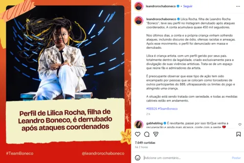 
					BBB 26: filha de Leandro Boneco tem conta derrubada após ataques
				
				