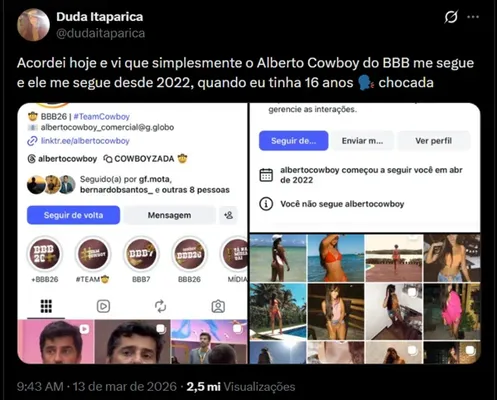 
					BBB 26: jovem que expôs mensagens de Alberto Cowboy revela ataques
				
				