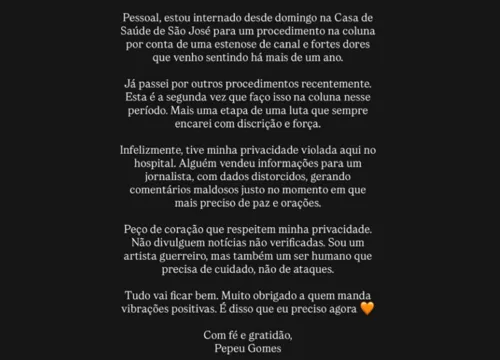 
					Pepeu Gomes se pronuncia após ser acusado de estrelismo em hospital
				
				
