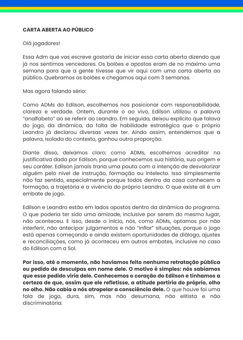 
					BBB 26: equipe de Edílson defende jogador após ataques a Leandro
				
				