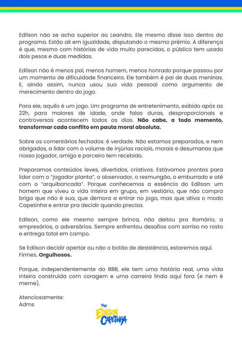 
					BBB 26: equipe de Edílson defende jogador após ataques a Leandro
				
				