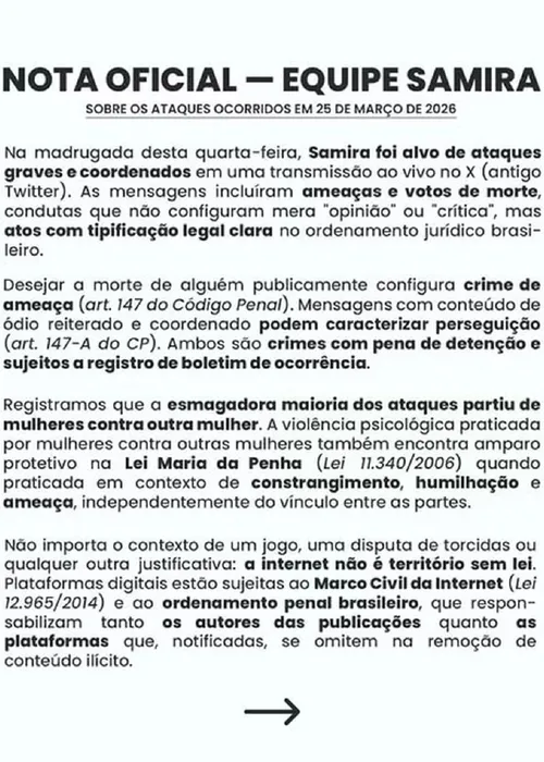 
					BBB 26: equipe de Samira denuncia ameaças de morte em live e age
				
				