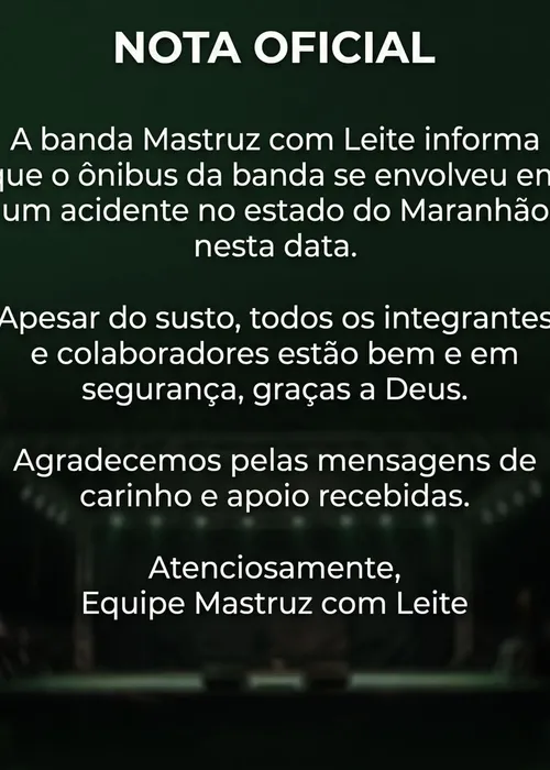 
					Banda Mastruz com Leite sofre acidente de ônibus; veja estado de saúde
				
				