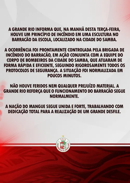 
					Barracão da Grande Rio tem princípio de incêndio; escola se manifesta
				
				