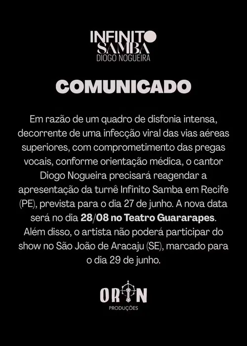 
					Diogo Nogueira se pronuncia após cancelar shows; saiba estado de saúde
				
				